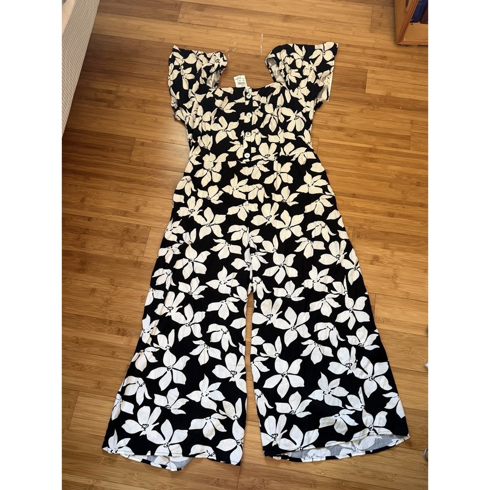Luxology Black White Floral Jumpsuit Womens XL Wide Leg Puff Sleeve Rayon Boho